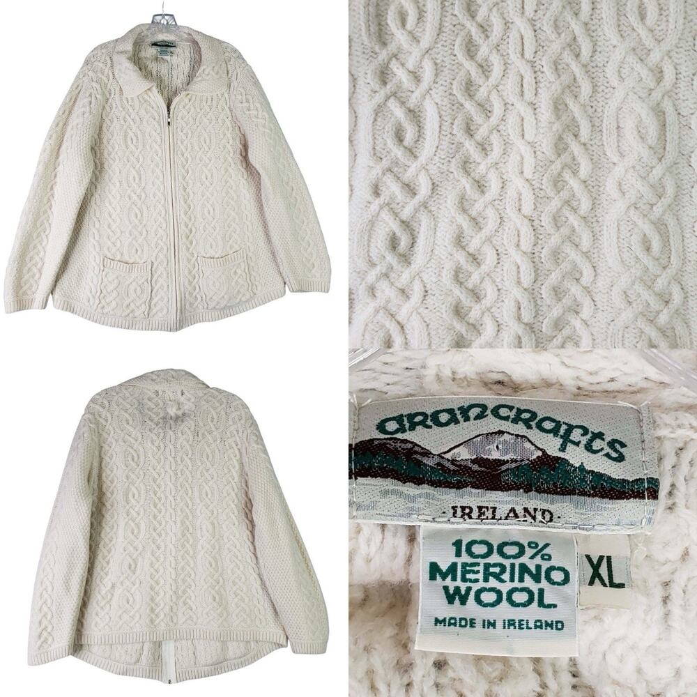 Aran Crafts Jacket Cable Knit Merino Wool Fisherman Sweater Zip Women’s Size XL